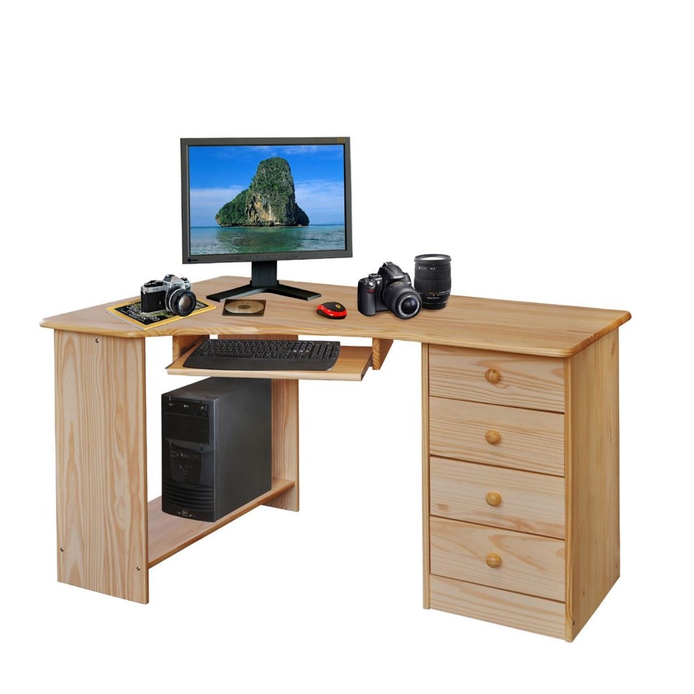 PC stůl VIRED rohový s výsuvem na klávesnici – masiv borovice